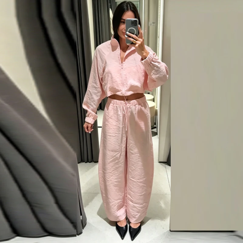 HXAO Übergroße Hosen-Sets Sommer Damenanzug Crop Loose Langarm-Oberteil 2-teiliges Set Weite Schnürhose Urlaubsoutfit Damen – Detail 7