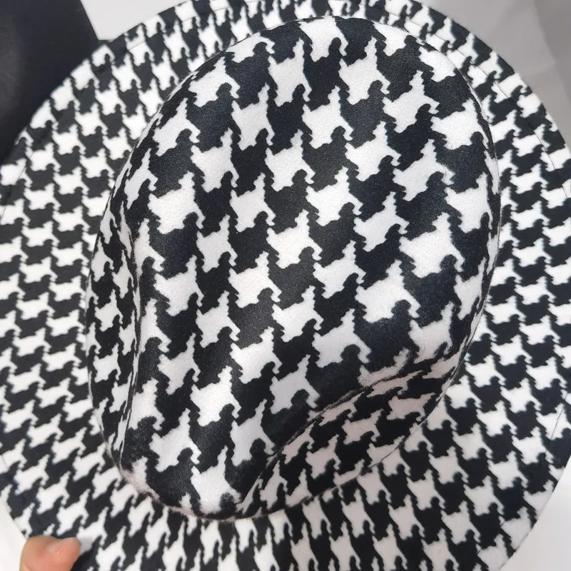 Fedoras zimowe damskie czapki Houndstooth Plaid Patchwork czapki dla kobiet moda czapki dla mężczyzn filcowany kapelusz Fedora nowy Chapeau Femme — zdjęcie 4