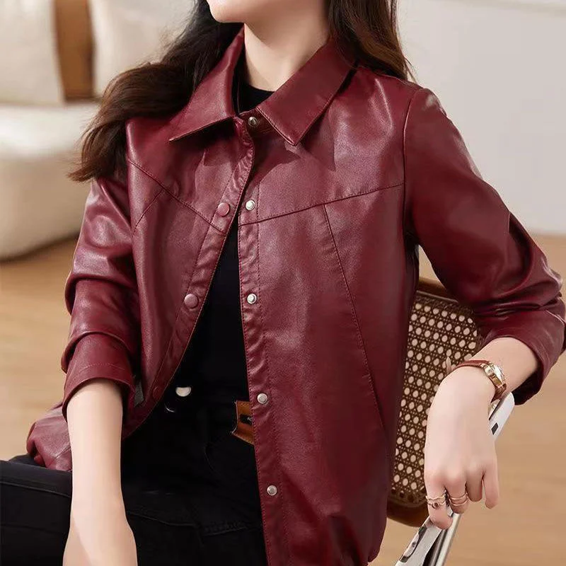 Women Long Sleeves Leather Clothing Coat 2024 Ladies Short PU Leather Jacket Autumn Female Large Size 5XL Faux Leather Tops