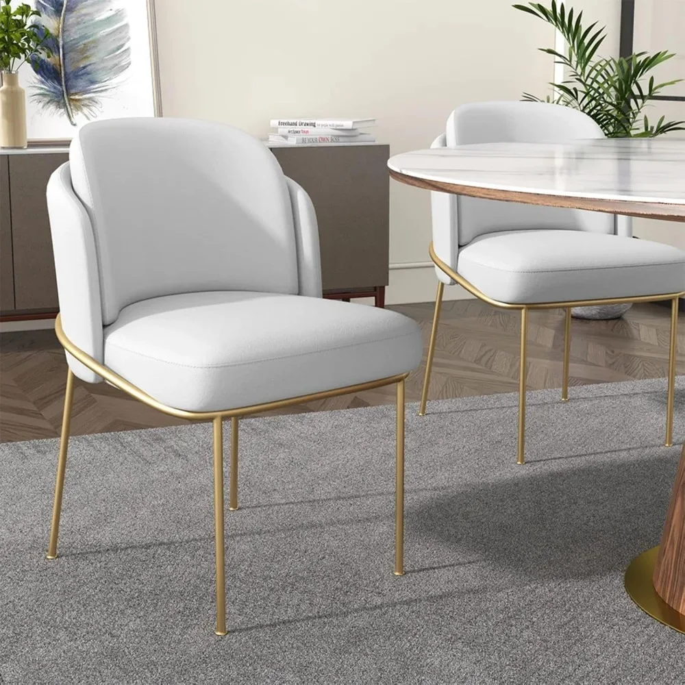 

White Dining Chair Cotton&Linen Upholstered Kitchen Side Chair Modern Dining Room Chairs with Gold Metal Legs (White)