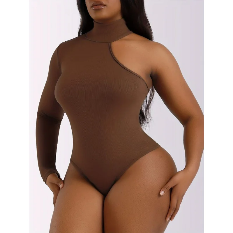 

Irregular brown sexy women's autumn and winter tight-fitting bodysuit, solid color casual women's street style jumpsuit