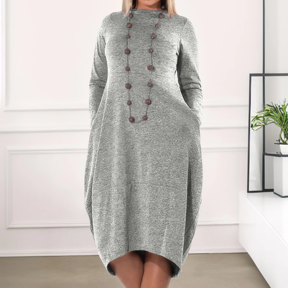 Women\'s Long Sleeve Dress Plus Size Winter Solid Pockets Round neck Front Short and Back Long Dress Warm Knitted Ladies Robe 5XL