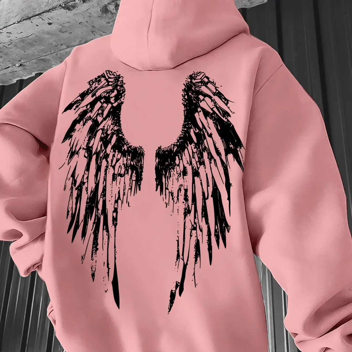Dark Aesthetic Distressed Wings Back‑Printed Hooded Sweatshirt Soft Warm Fleece Unisex Oversized Hoodie