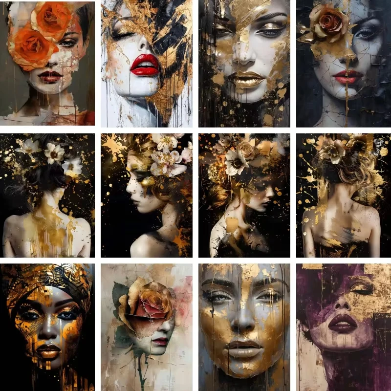 

50X70CM Adult 1000PCS Paper Jigsaw Puzzle Abstract Black and Gold Floral Woman Stress Relief Entertainment Children Toy