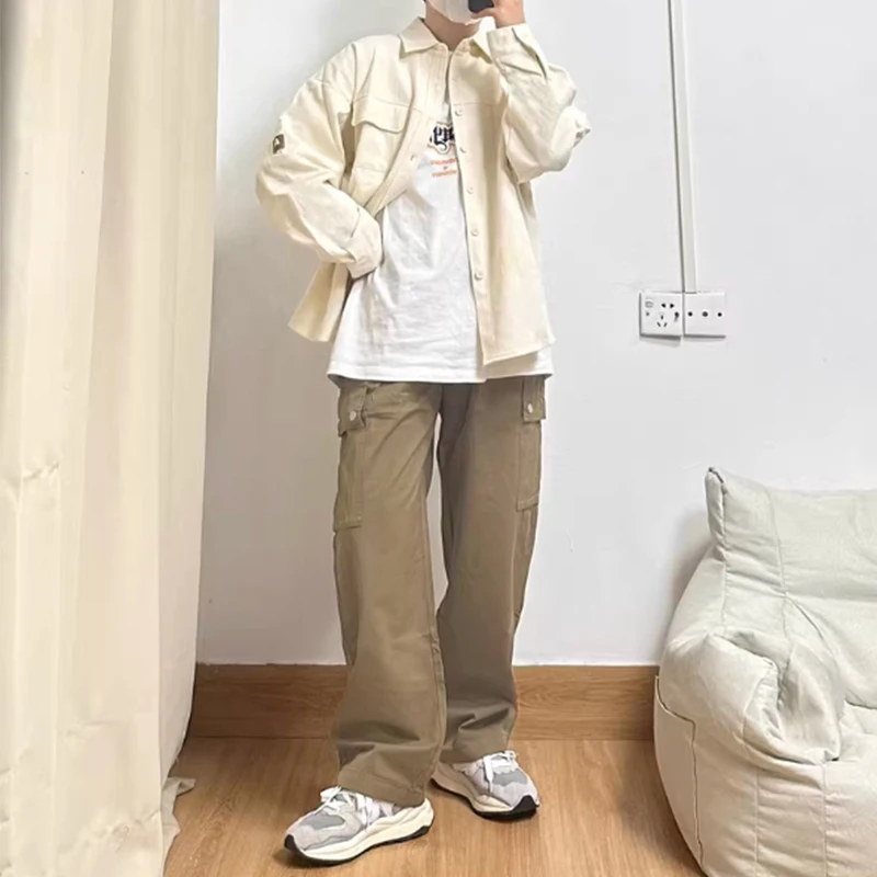 

Pure color casual pocket overalls women's loose high waist vertical sense tube broad leg slim floor-length casual pants