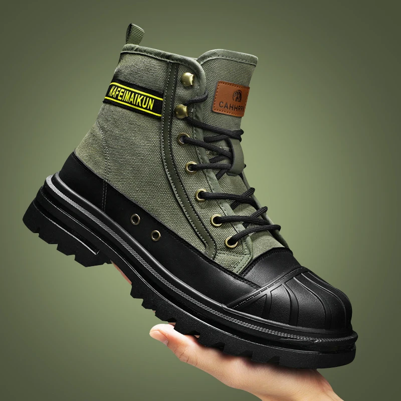 Botas altas de cuero para hombre, zapatos de moto, botas de nieve, botas militares con cabeza de concha, Invierno