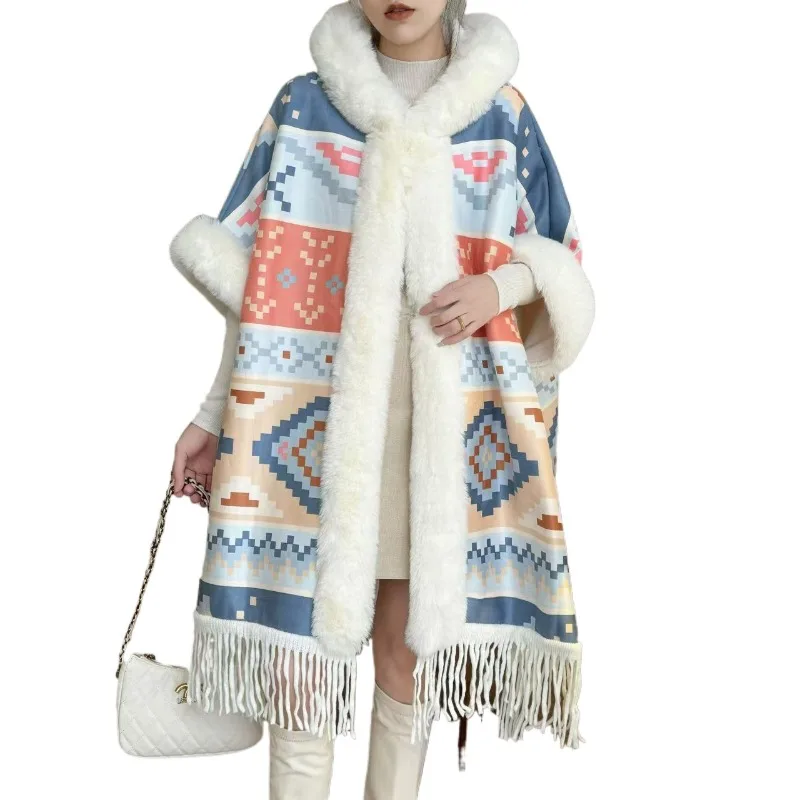 

2024 goth Women Big Fur Collar Outstreet Wear Winter Thicken Velvet Poncho Cape Striped long Cloak Tassel Coat With Hat ponchos