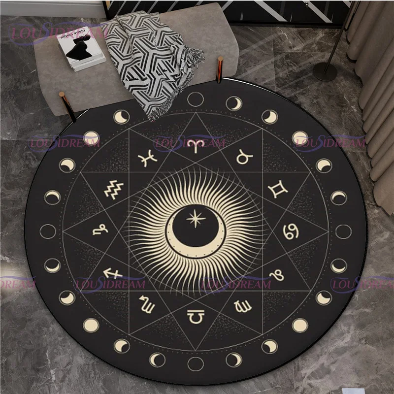 Black Cat Witch Round Rug Element Pentagram Wicca Round Rug Moon Phase Pentagram Round Rug Mystic Sun Moon Witch Round Rug