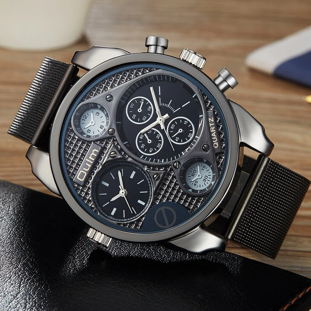 2024 Fashion Oulm Two Time Zone Black Mesh Full Steel Business Men Military Watches Big Quartz Sport Top Luxury Brand Male Clock