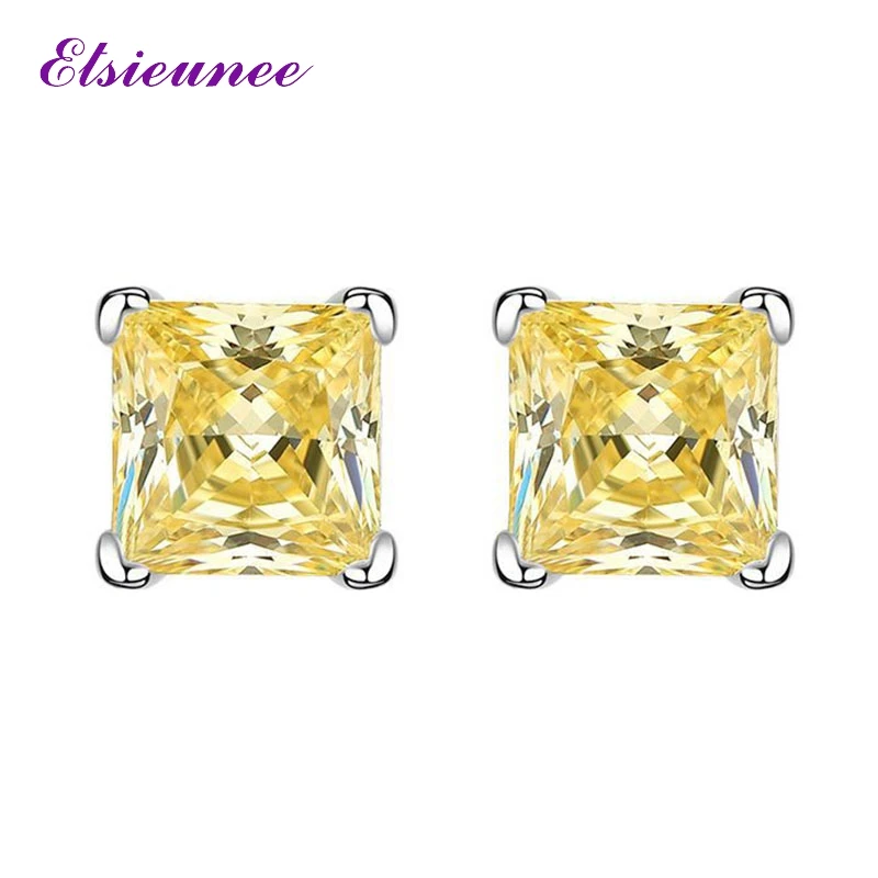 

100% 925 Sterling Silver 6*6m Princess Cut Sparkling Citrine Sapphire Stud Earrings for Women Wedding Party Fine Jewelry Gift