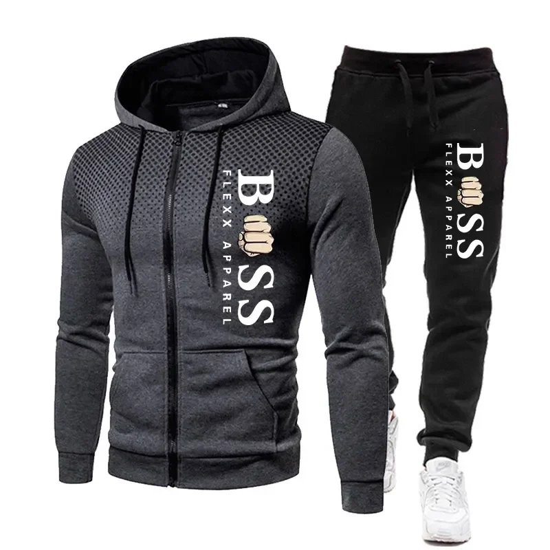 2023 New Fall Winter Zipper Fleece Men's Tracksuit Hoodies Pants Sweatshirts Two Piece Sets Suit Sportswear Brand Men Clothing