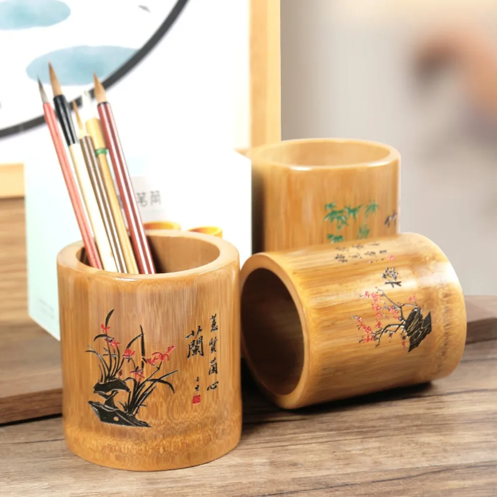 

Durable Multifunctional Desktop Storage Box Cylindrical Chinese Style Pen Holder Plum Blossom Bamboo Pencil Box Stationery