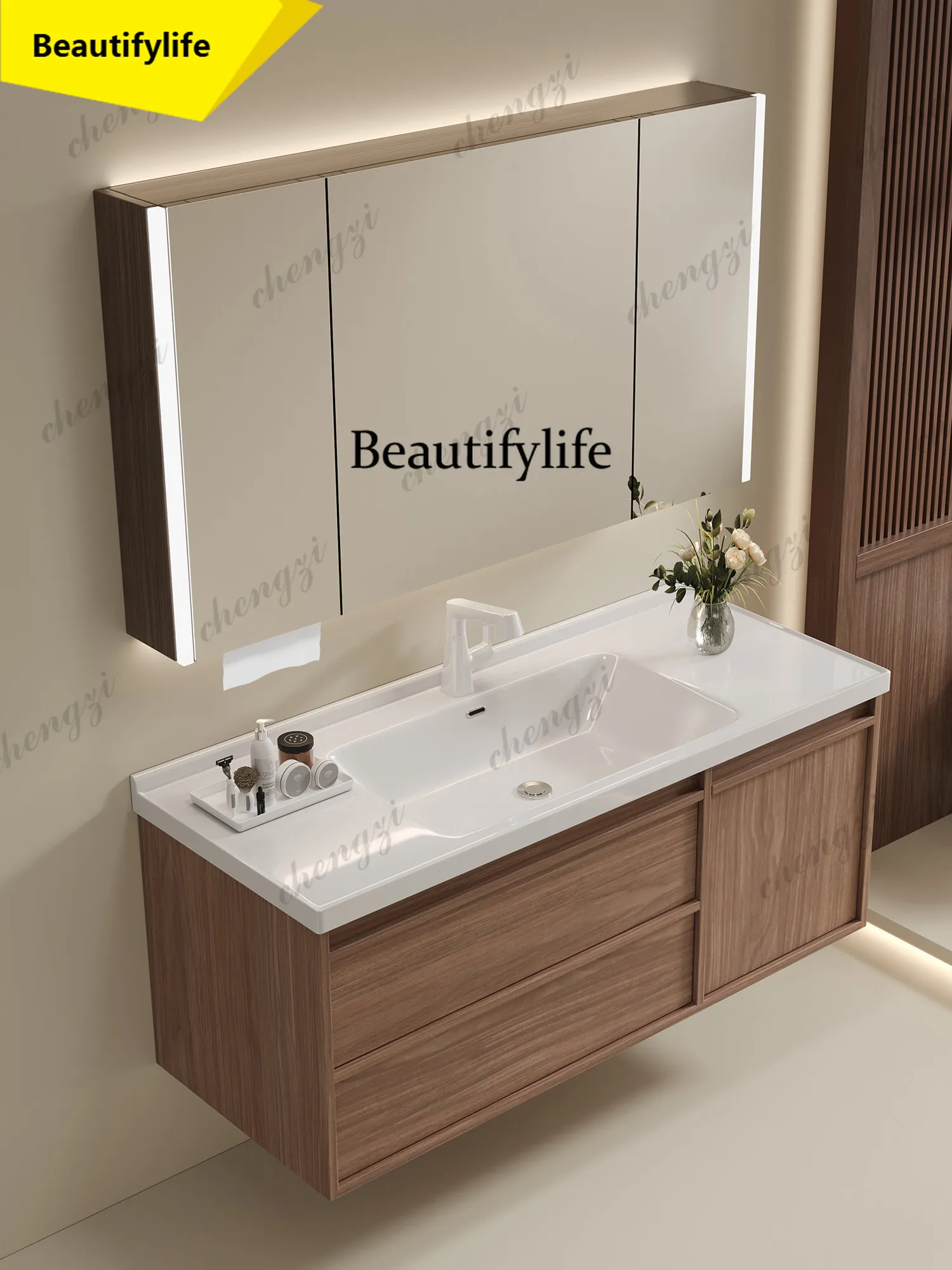 Medieval ceramic integrated basin, bathroom cabinet combination bathroom, walnut color washstand