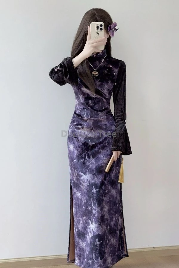 2025 مطبوعة الأرجواني تشيباو الخريف الشتاء طويلة الأكمام المخملية تشيباو النمط الصيني الجديد سليم المناسب الخصر cinching الرجعية شيونغسام #1