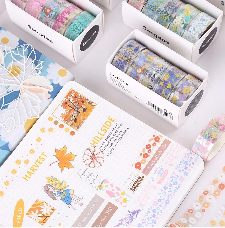 5롤 꽃 언어 테이프 - 귀여운 손으로 그린 DIY 스티커, 스크랩북 용품 및 소녀들을 위한 달콤한 서프라이즈