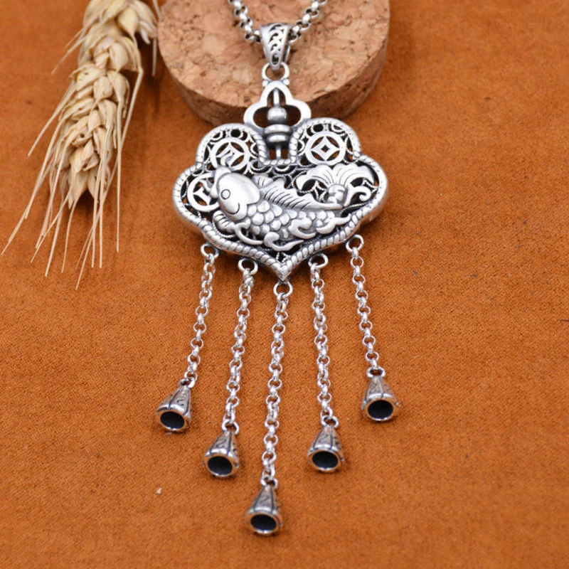 New in Exquisite Ruyi Lock Long Tassel Pendant silver 925 Exquisite Design Carp charms necklaces Banquet Jewelry Gift