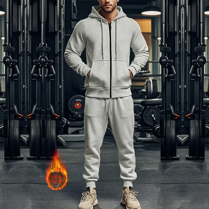

Men's Heavyweight Color Long Sleeve Hooded Casual Fleece Thermal Two-Piece Set Autumn Season Long Pants Other Fabrics