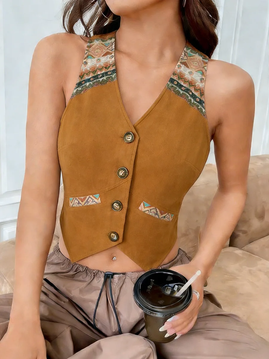 Women's Tank Top Spring Summer Camel Brown Corduroy V Neck Ethnic Patchwork Button Valentine's Day Bohemian Casual Street Top