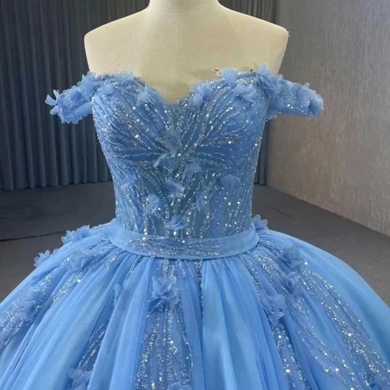 Vestido azul cielo De princesa para quinceañera, vestido De baile De encaje con cuentas De flores, dulce 16, 15 Años, 2024