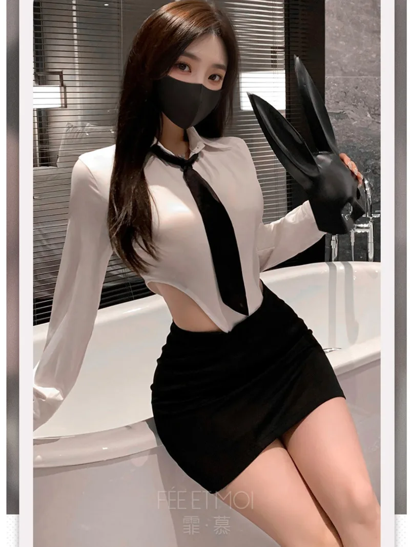 

Feimu Style Secretary Scheming Crotch Jumpsuit Erotic Workplace OL White Shirt Seductive Uniform Two Piece Skirt Set Exotic U2X1
