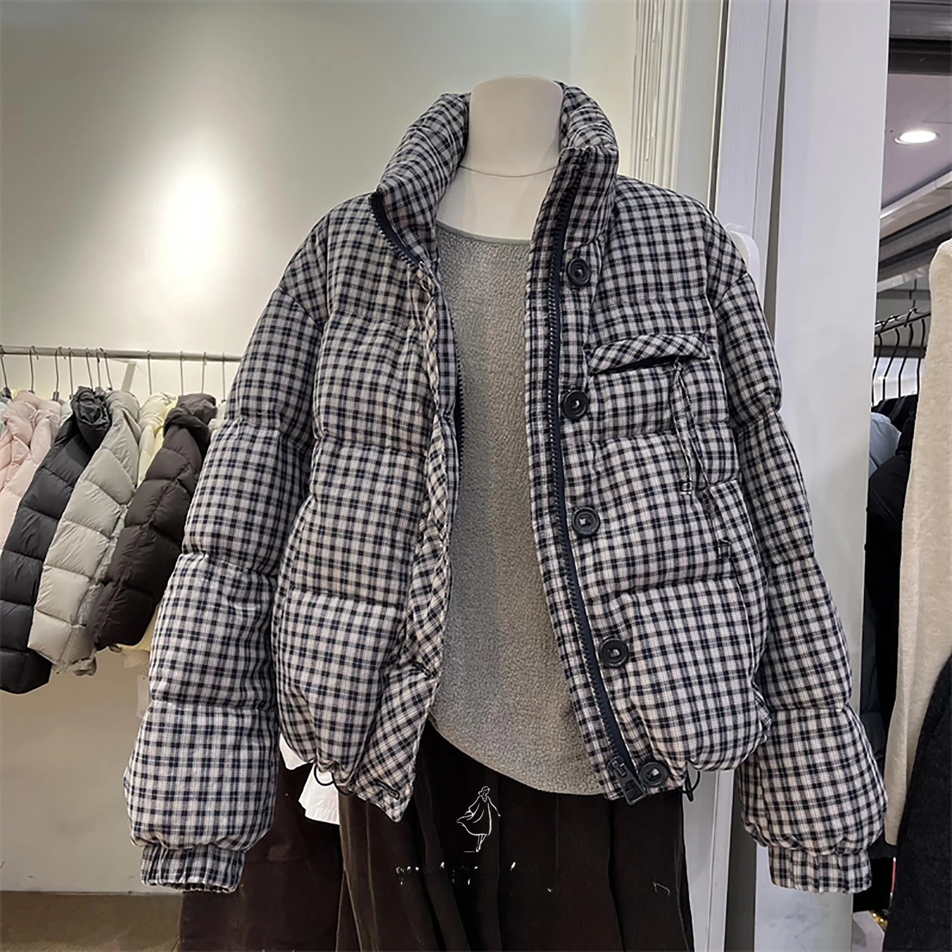 

Теплая хлопковая куртка в клетку для женщин, с воротником-стойкой, свободного кроя, на молнии, для повседневной носки, новинка зимы, премиум-класс