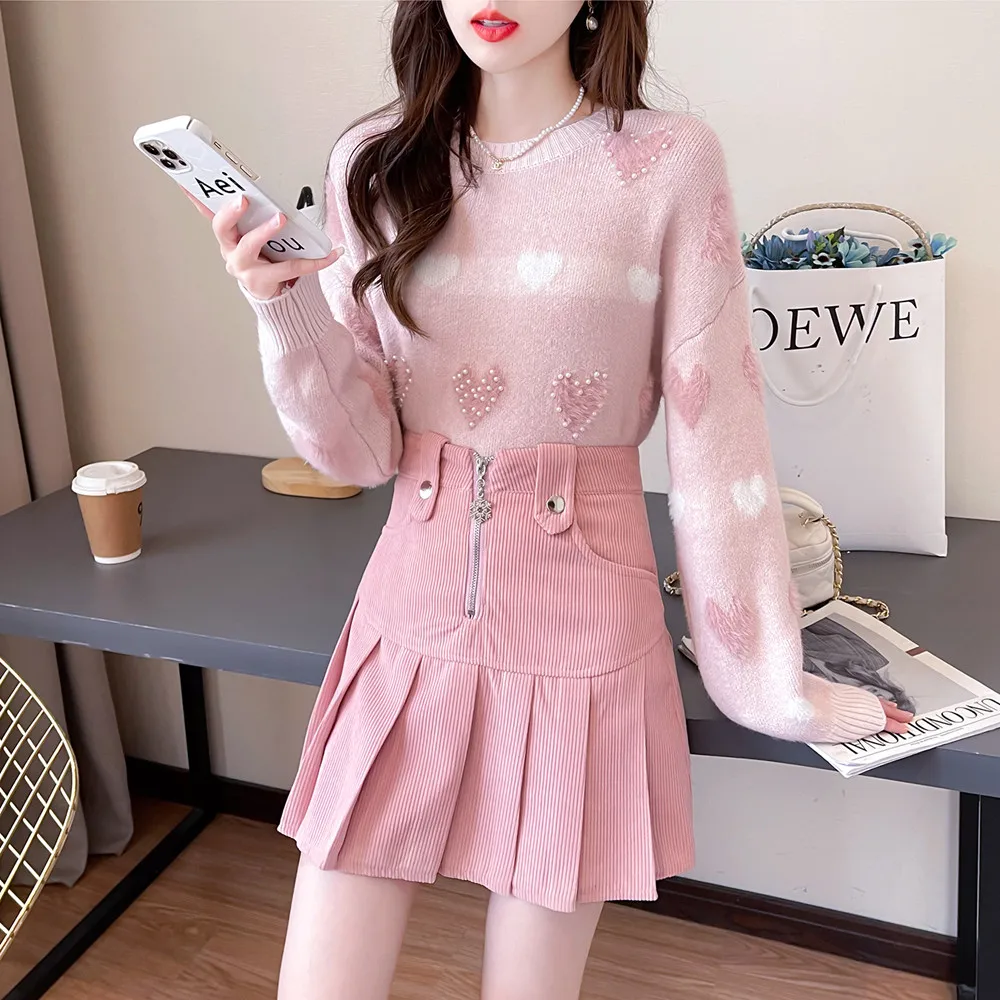 Autumn Winter Women's Beaded Sweaters Korean Fashion Loose O-Neck Long Sleeve Top Clothes for Women Sweet Love Knitted Pullovers