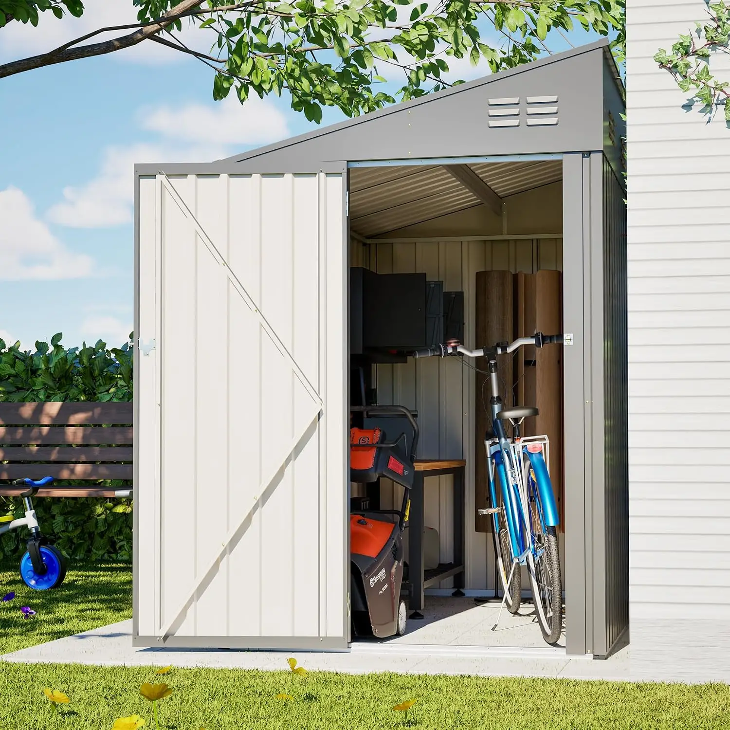 4x7 FT Outdoor Storage Shed Lean to Shed,Metal Shed W/Lockable Door & Air Vent,All Weather Waterproof Garden Tool House