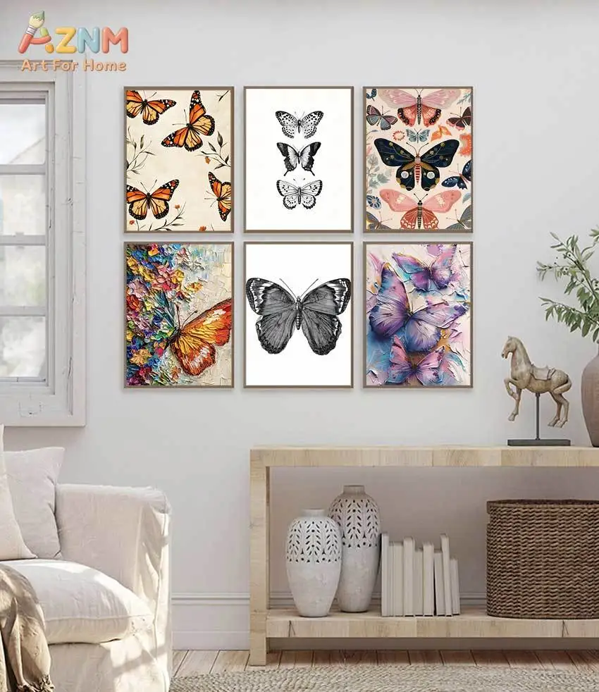 AZNM Multistyle Colorful Butterfly Oil Painting Sketch Print Frameless Canvas Poster Romantic Floral Living Room Wall Art Decor