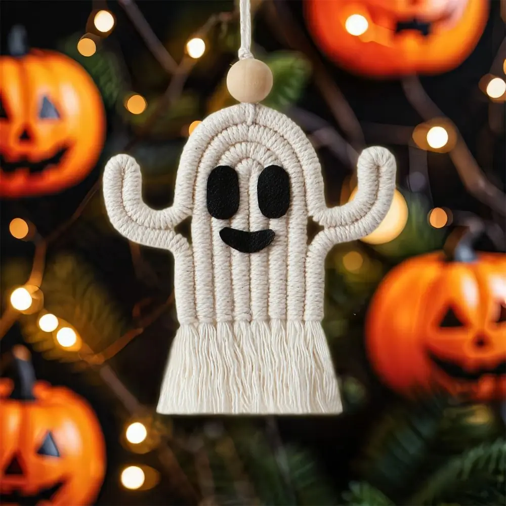 2pcs Cartoon Hand-Weave Ghost Pendant Cotton Rope Decorative Car Mirror Hanging Pendant with Tassel Halloween Hanging Ghost