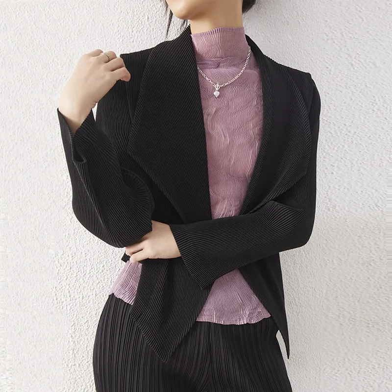 Miyake المرأة 2025 الخريف جديد قميص سترة التلبيب ركاب قصيرة فضفاضة رقيقة مكتب ارتداء دعوى التلبيب كم طويل معطف المرأة