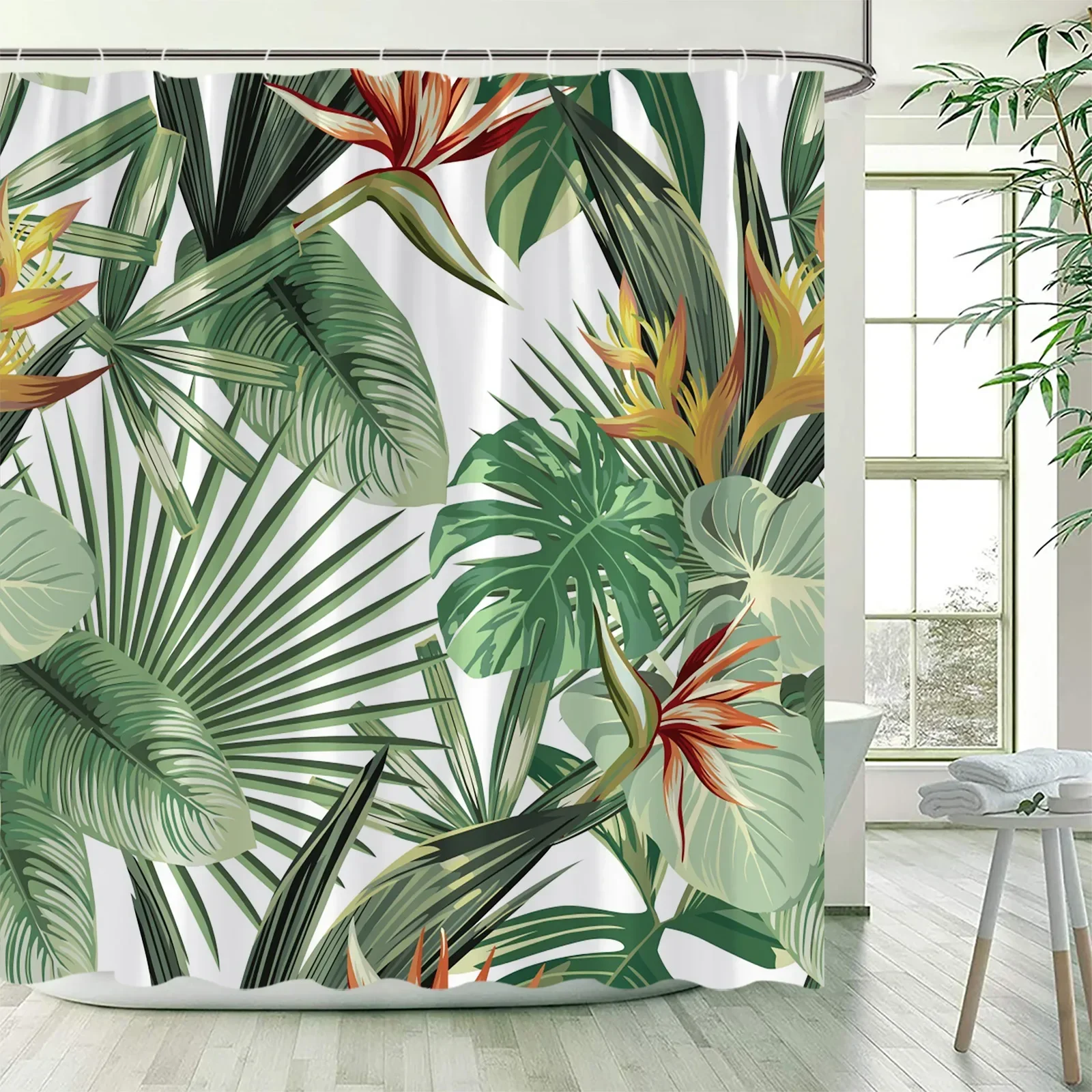 Tropical Plants Floral Shower Curtains Beige Green Palm Leaves Flowers Nordic Decor Bathroom Polyester Bath Curtain with Hooks