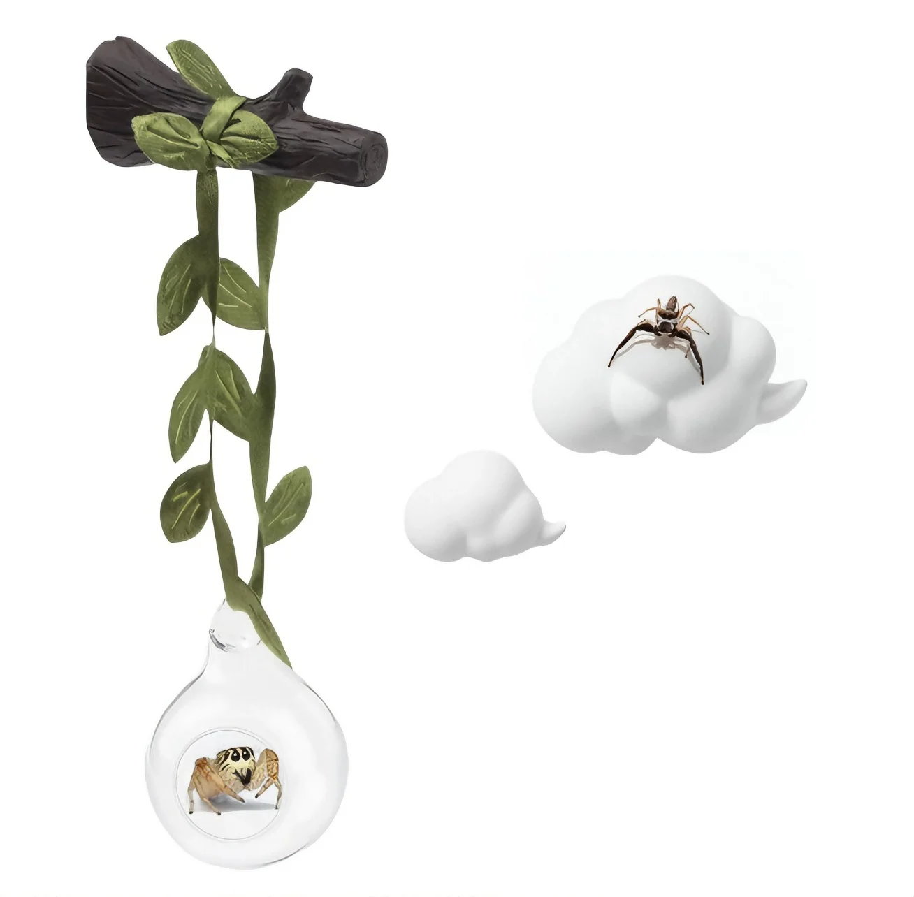 4 Piece Glass Ball Habitat Decor for Jumping Little Creatures Including for platform Shelf and Branch-Like Enclosure Elements