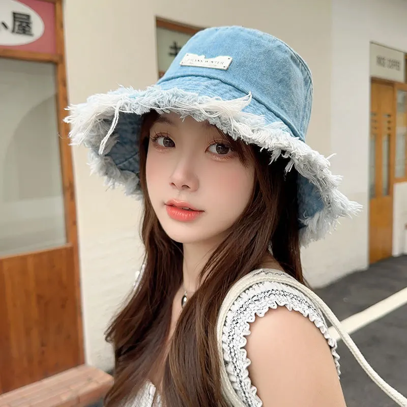 Fashion Washed Raw Edge Denim Bucket Hats for Women\'s  Summer Beach Travel Foldable Sunshade Fisherman Hat for Men Fishing Caps