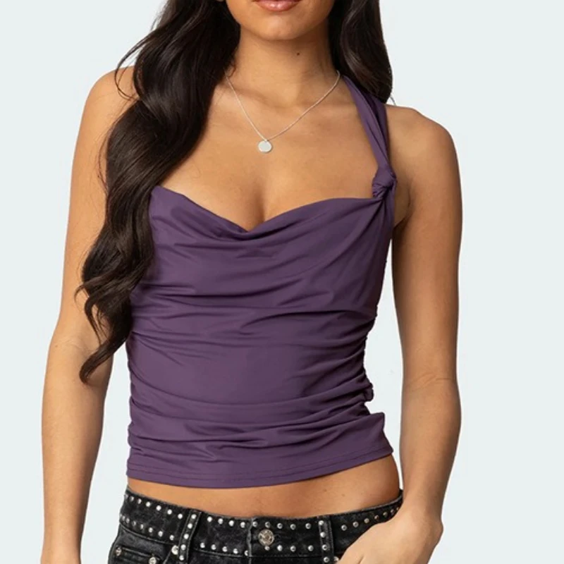

Sexy Tank Top Cross Bandage Knot Shirring Halter Crop Tops Women Sleeveless Bare Midriff Camisole Female Tube Top Cropped Vest