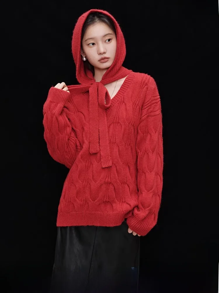 

Red Loose Lazy Sweater Autumn Winter Straight Cut Sweet Sle V-Ne Long Sve Knitted Top for Young Women 25-29 Years Old