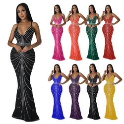 Sparkling Solid Color Hot Diamond Sheer Mesh Long Skirt, Elegant and Luxurious Spring Women's Cocktail Dress, Celebrity Clothing