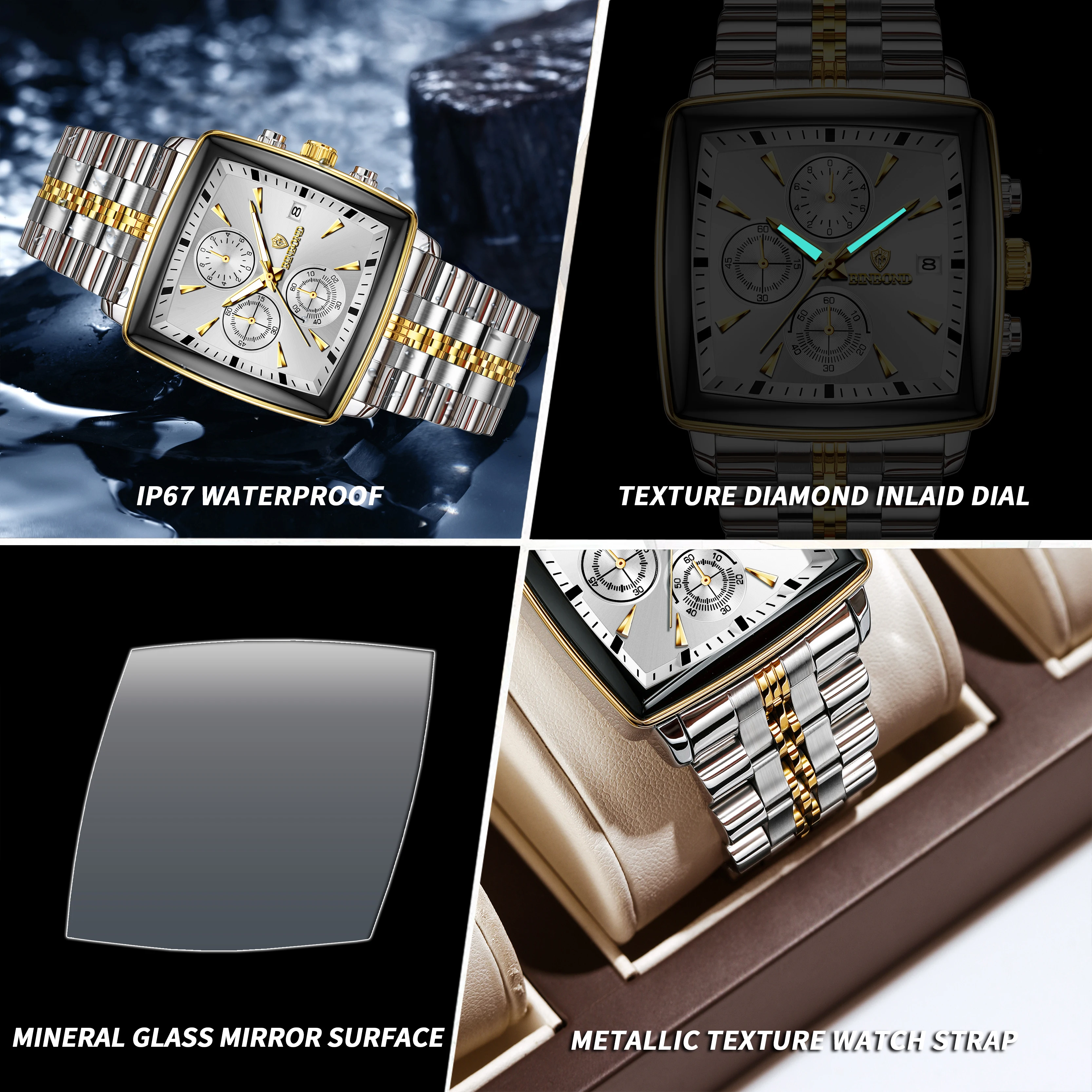 BINBOND модные мужские часы с ремешком из нержавеющей стали, водонепроницаемые светящиеся хронографы, деловые кварцевые часы