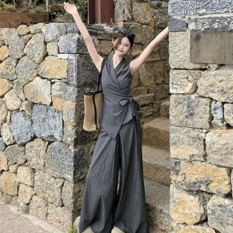 

2026 Summer New Hot Girl Design Sense Waist Tie Plaid Vest High Waist Casual Wide Leg Pants Two Piece Set For Women
