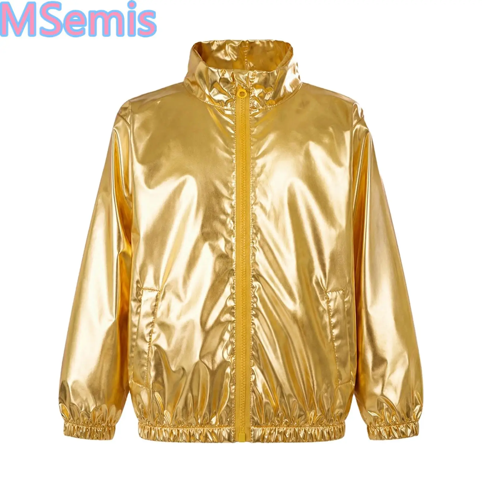 Kids Boys Girls Metallic Jacket Outerwear for Hop Hip Street Modern Dance Costume Long Sleeve Zip-up Coat with Pockets Party