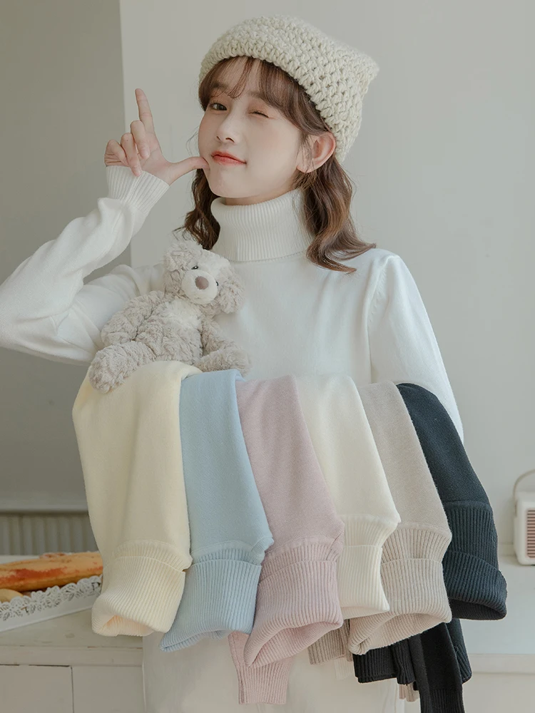 

Утепленный женский вязаный свитер с высоким воротником, на хлопковой подкладке, осенне-зимний, белый, теплый, с длинными рукавами, для ношения под одеждой