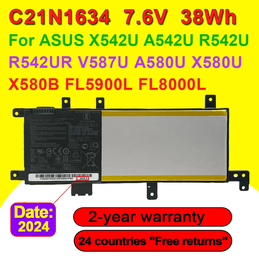 C21N1634 For ASUS X542U A542U R542U R542UR V587U A580U X580U X580B FL5900L FL8000L Series Laptop Battery 7.6V 38Wh 5000mAh