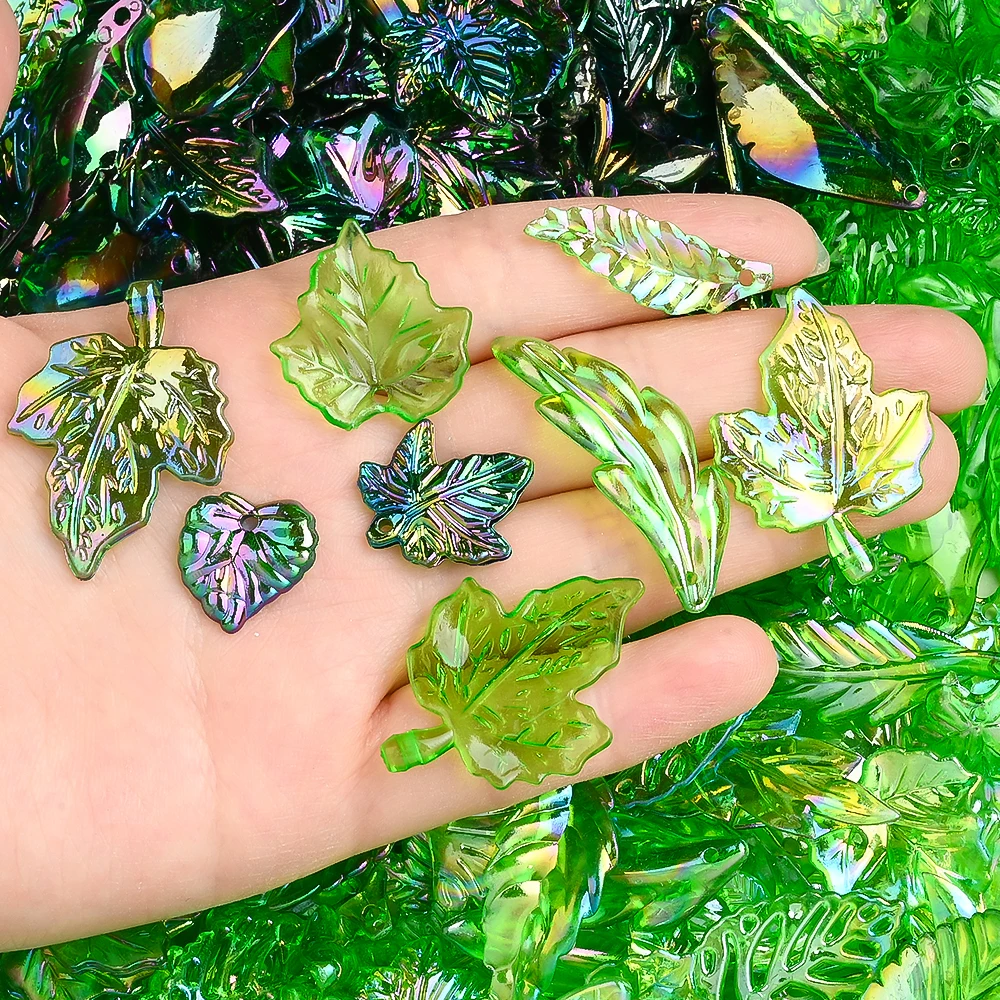 50g grüne Acryl-Blattperlen, durchscheinend, AB-Farbe, Naturpflanzenform, Abstandshalterperlen für DIY-Schmuckherstellung, Armbänder, Halsketten – Detail 3