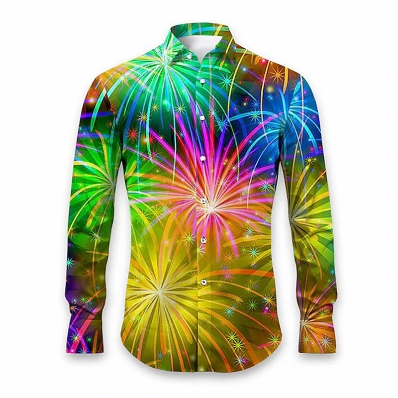 Full Print Fireworks Graphic Shirts For Men Casual Long Sleeve Button Up Shirts Tops Men Plus Size Blouse Tees Clothes