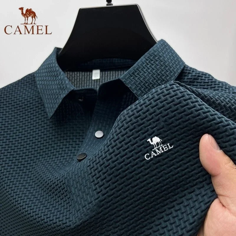 Polo elástico de seda de hielo de camello bordado para hombre, camiseta de ocio transpirable, camiseta fresca de manga corta, Top de lujo, moda de verano, nuevo