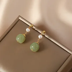 100% Natural Freshwater Pearl & Nephrite Jade Stone 14K Gold Filled Ladies Tassels Stud Earrings Not Allergic Birthday Gifts