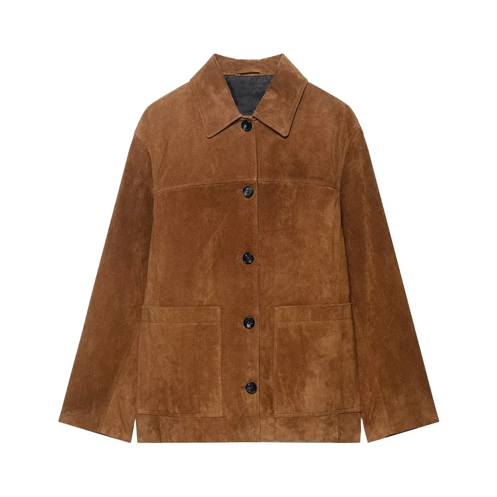 

BMURHMZA women's simple lapel long sleeved button decoration suede loose and versatile solid color jacket jacket jacket