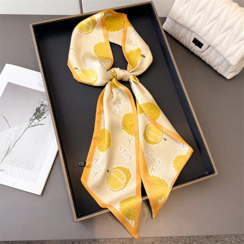 

Summer Fruit Design Female Decoration Twill Silk Scarf Lemon Print Pattern Bag Handle Ribbon Hairband Small Neck Kerchief Scarf