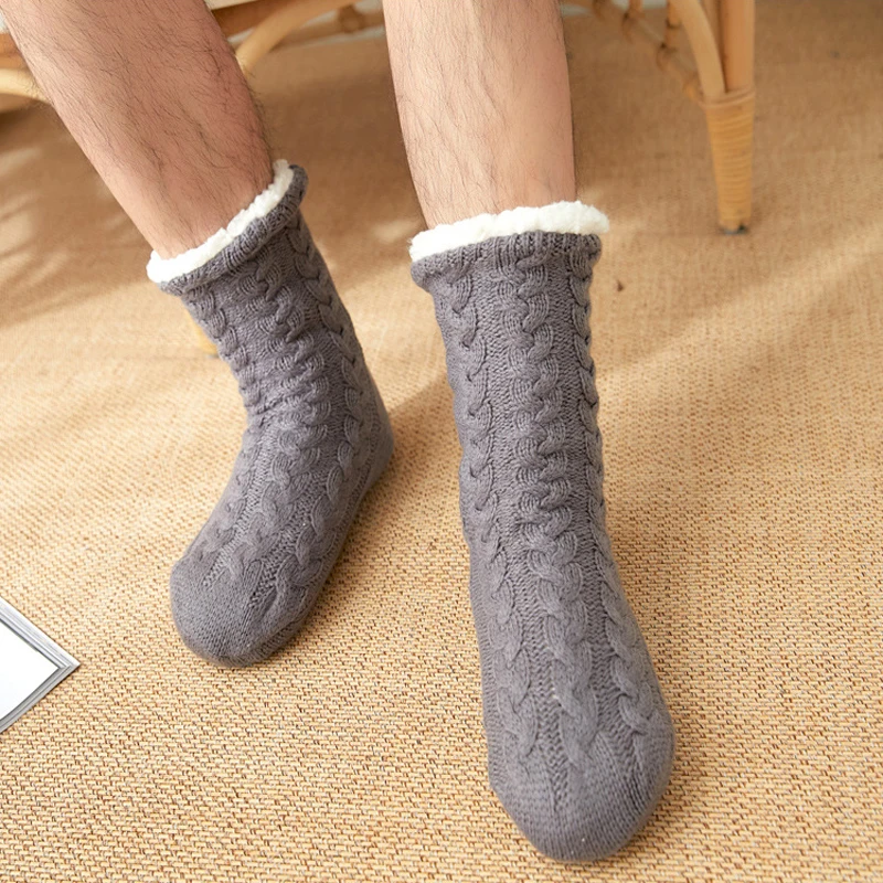 Chaussettes thermiques pour hommes, chaudes pour la maison, en coton doux, épais, en velours, pour dormir, antidérapantes, pantoufles de sol courtes, hiver