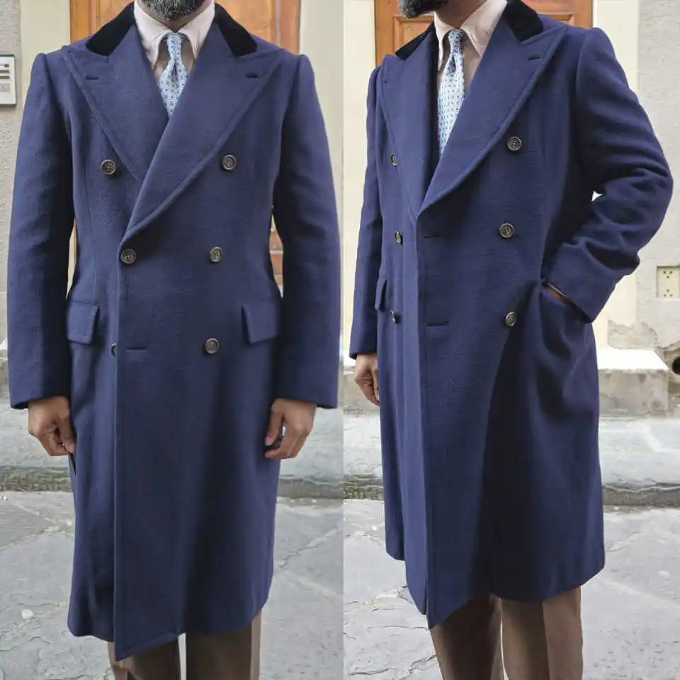 Autumn Winter Men Long Coat Double Breasted Wool Blends Male Business Blazers Peaked Lapel Velvet  Warm Overcoat  Customized