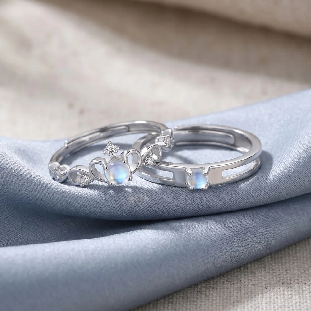 925 Sterling Silver Moonstone Couple Rings Adjustable Promise Rings for Women Men Wedding Engagement Jewelry